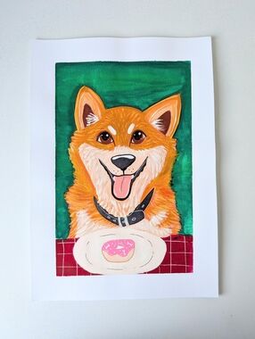 Original Shiba Inu with Donut Pet Portrait 7×10 Gouache Painting By Mattoodles